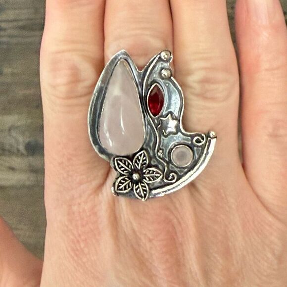 Boho Bloom Ring – Rose Quartz & Garnet Floral Statement Size 8 New - Picture 5 of 7